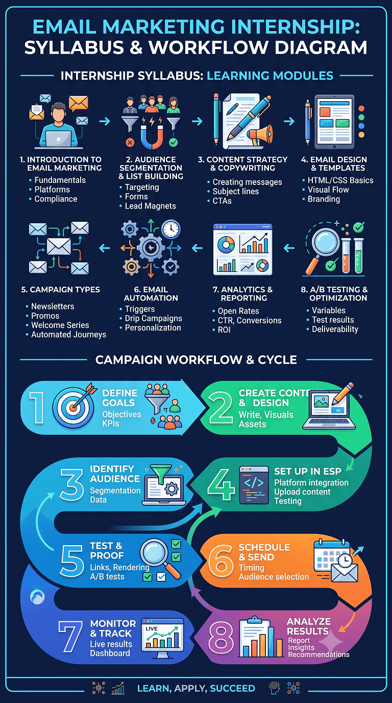 Email Marketing Internship syllabus and workflow diagram