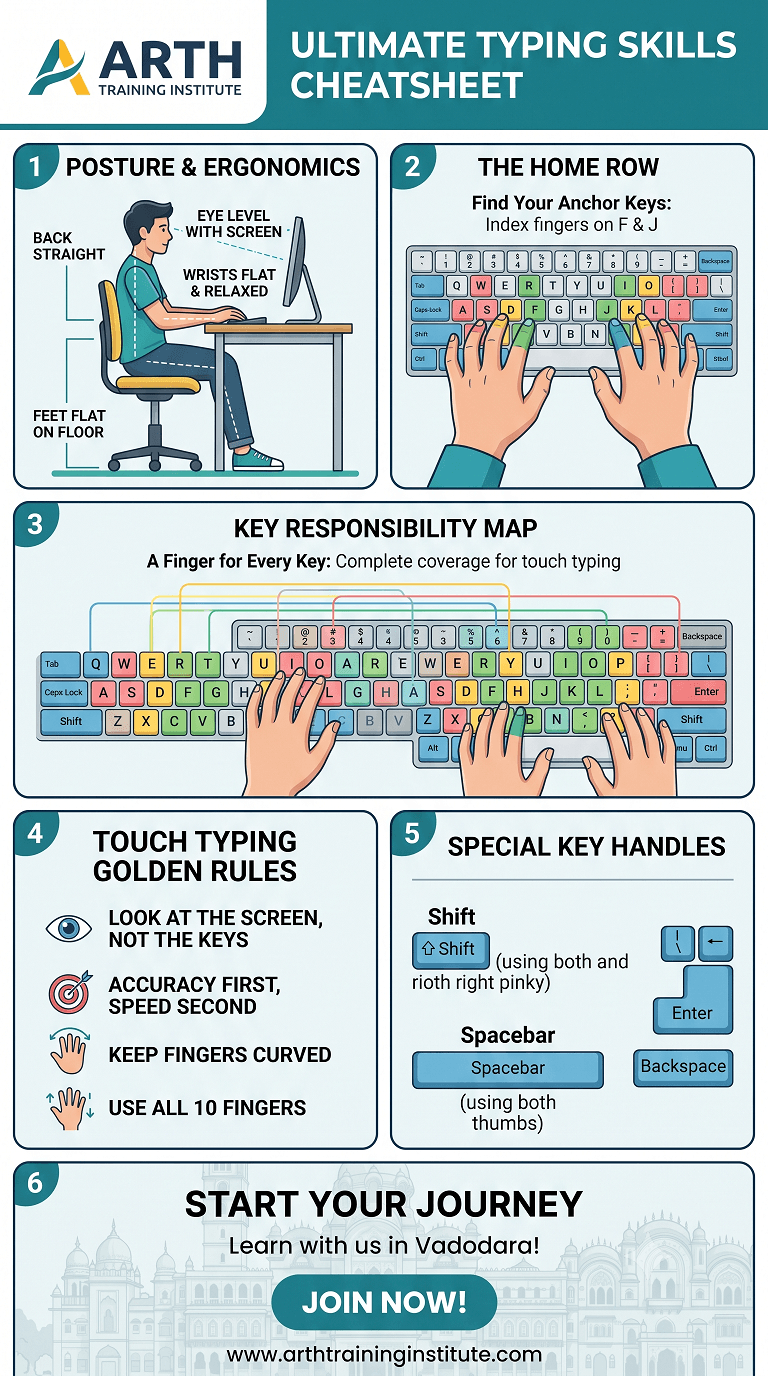 Touch Typing Finger Placement Cheatsheet