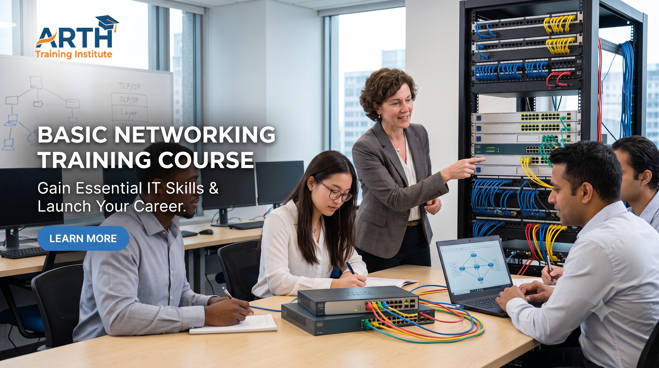 Networking training classroom setup with routers and switches at Arth Training Institute, Vadodara