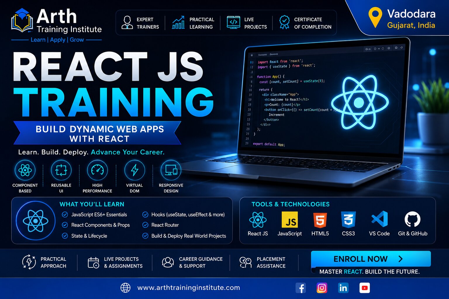 React JS training classroom at Arth Training Institute, Vadodara