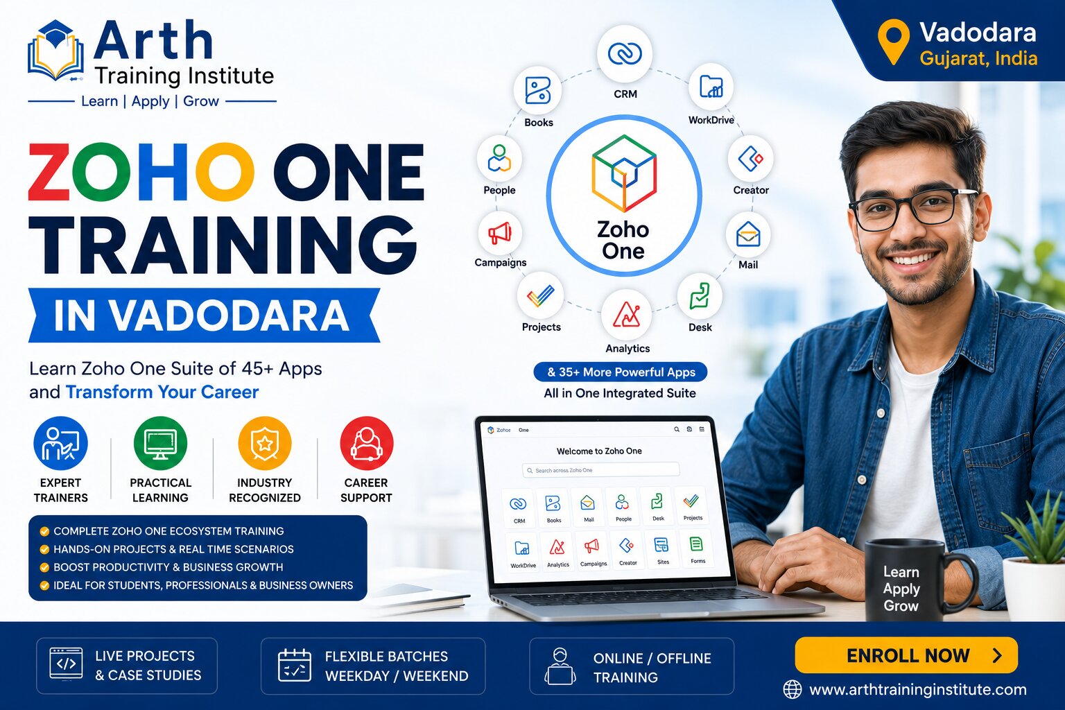 Zoho One suite training and dashboard operations at Arth Training Institute, Vadodara